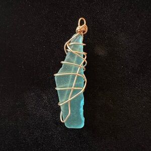 Blue and Gold Wire Wrapped Necklace with Sea Stone